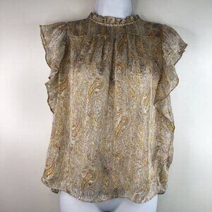 JOIE GLITTER PAISLEY RUFFLE MOCK NECK FLUTTER SHORT SLEEVE BLOUSE Size M